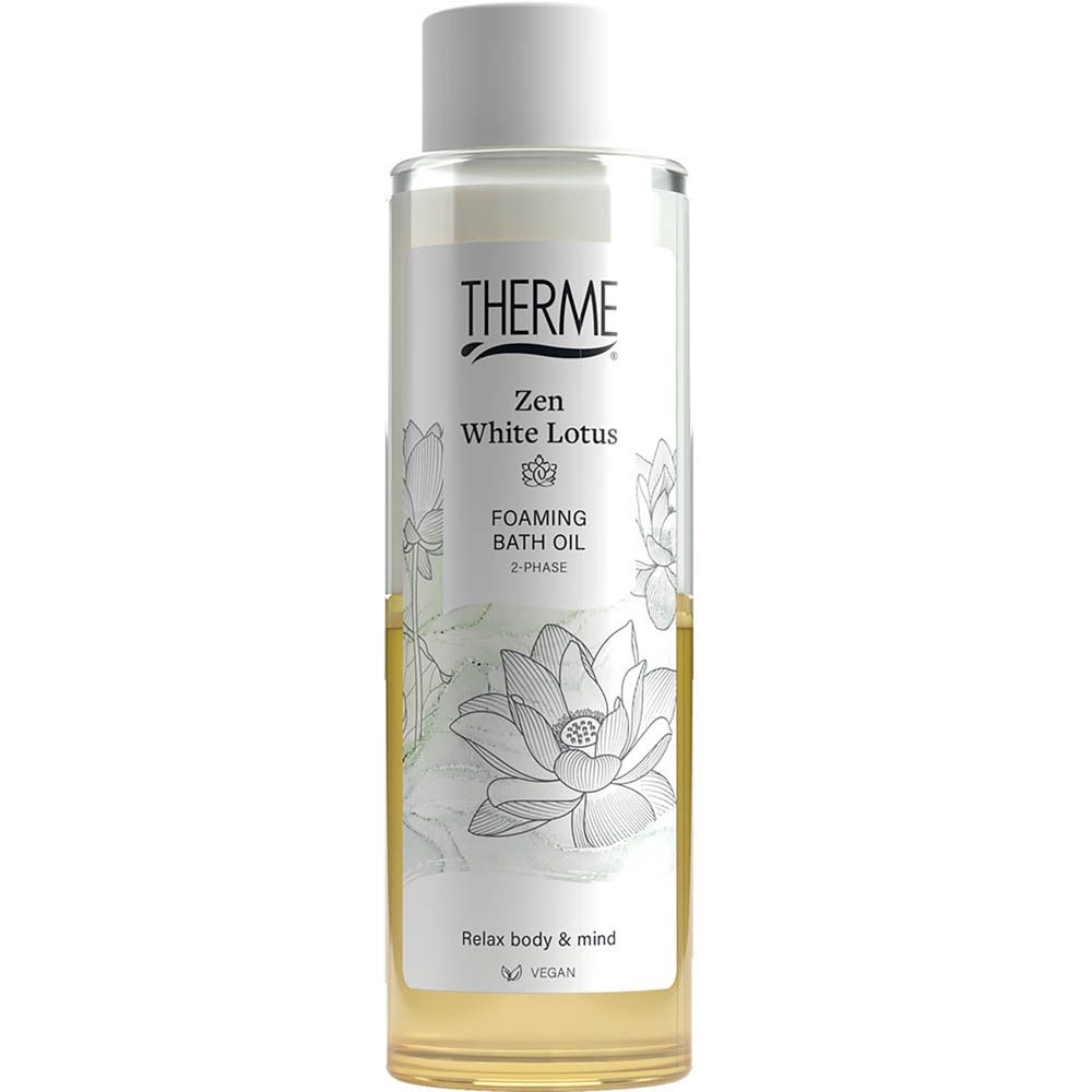 Flacon THERME Zen White Lotus. Inscription: Foaming Bath Oil, 2-Phase. Vegan. Parfum relaxant. Huile visible.