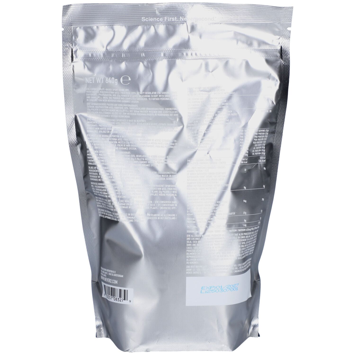 Dos du sachet Neversecond C30 Sport Drink. Argenté. Texte et logos. Net 440g.