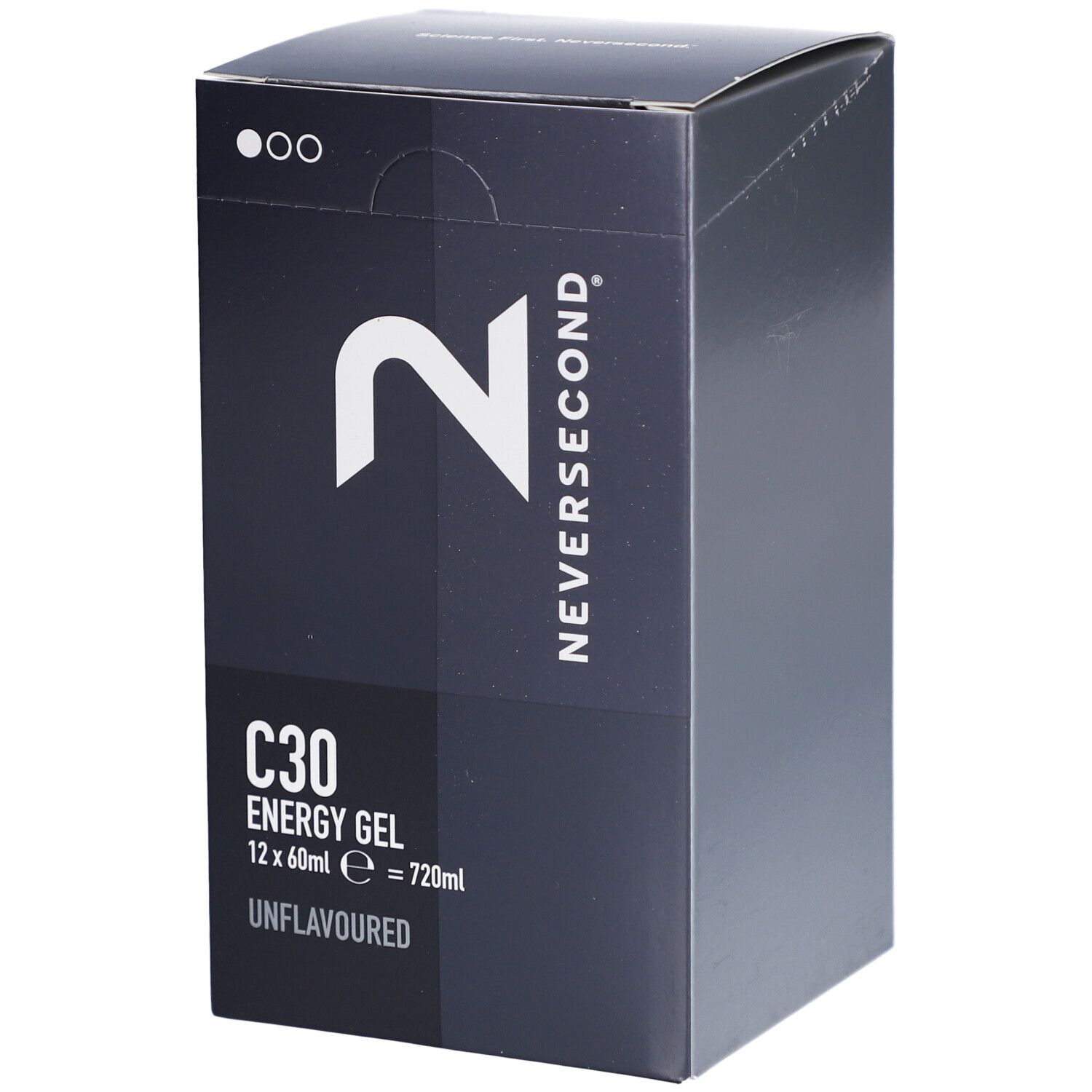Boîte noire avec logo et texte blancs. Contient 'NEVERSECOND', 'C30 ENERGY GEL', 'UNFLAVOURED'.