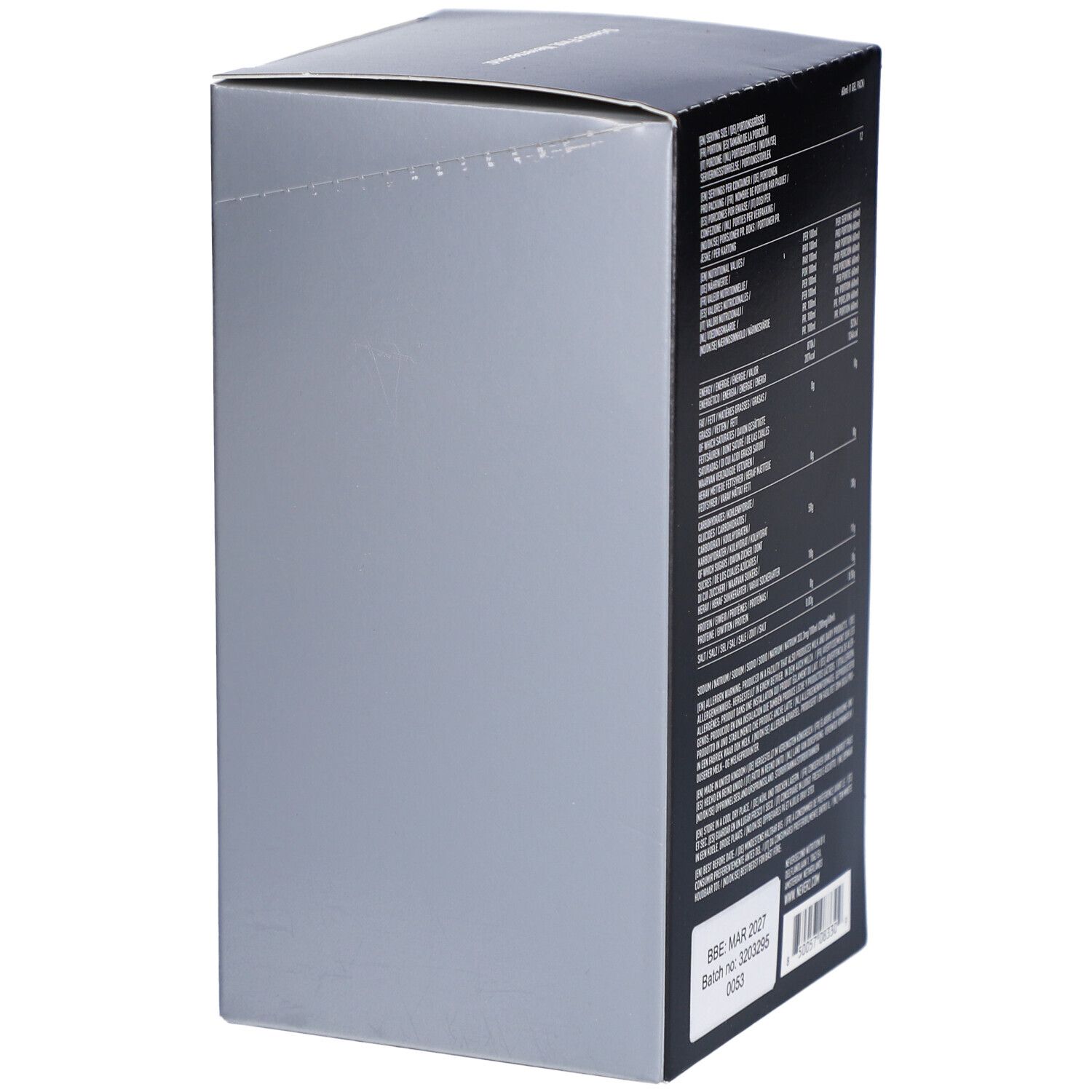 Emballage gris avec texte et informations nutritionnelles. Contient 'BBE MAR 2027' et code-barres.