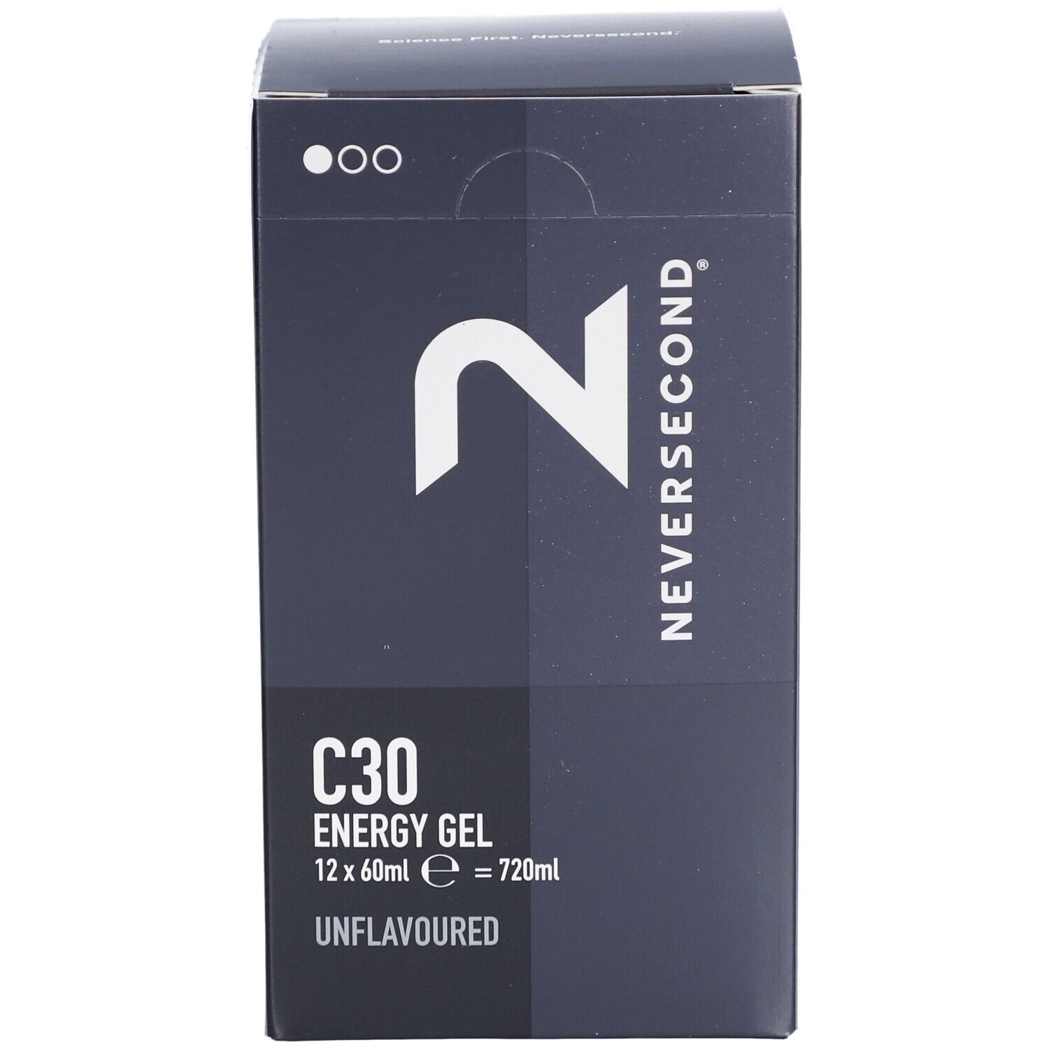 Boîte noire avec logo et texte blancs. Contient 'NEVERSECOND', 'C30 ENERGY GEL', 'UNFLAVOURED'.