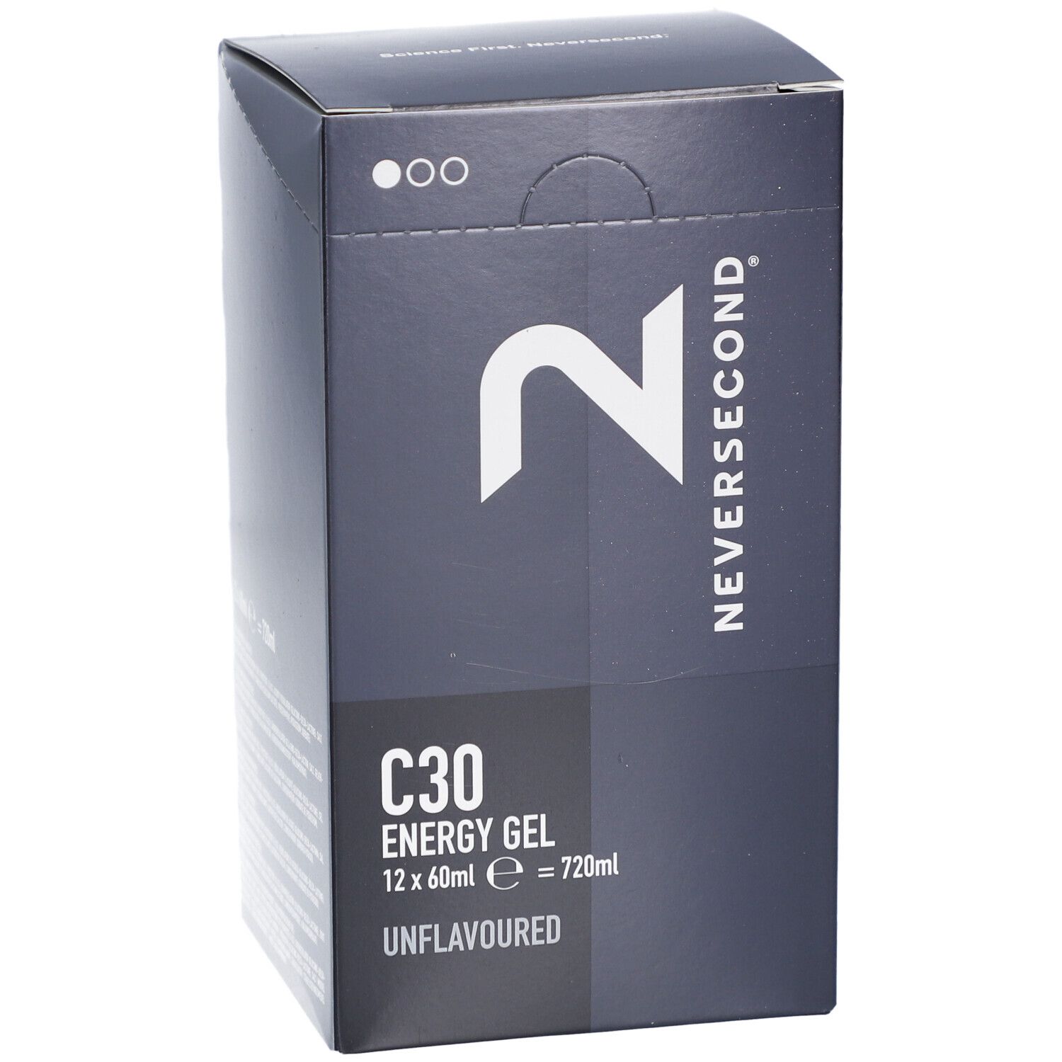 Boîte noire avec logo et texte blancs. Contient 'NEVERSECOND', 'C30 ENERGY GEL', 'UNFLAVOURED'.
