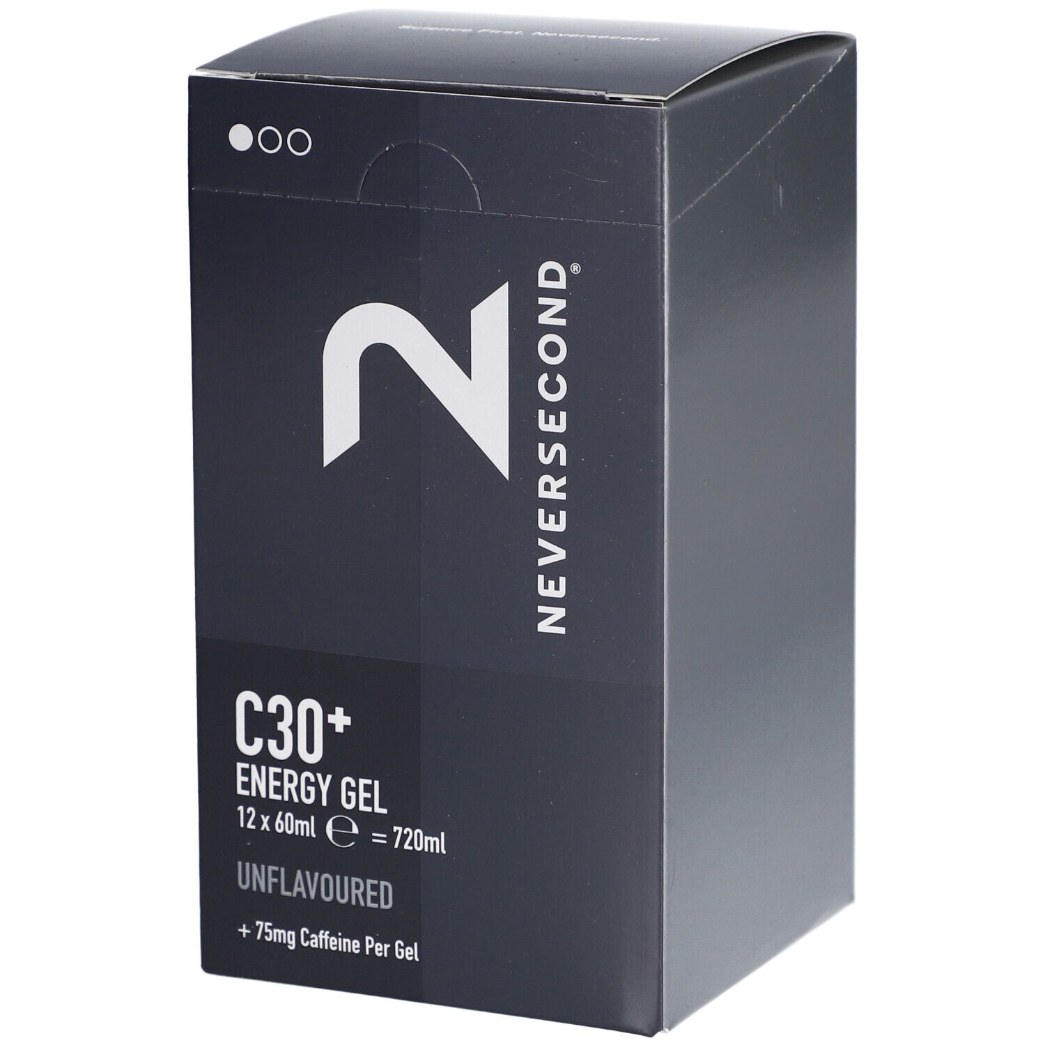 Boîte noire avec logo blanc NEVERSECOND. Contient C30+ Energy Gel, 12x60ml, sans saveur, +75mg caféine.