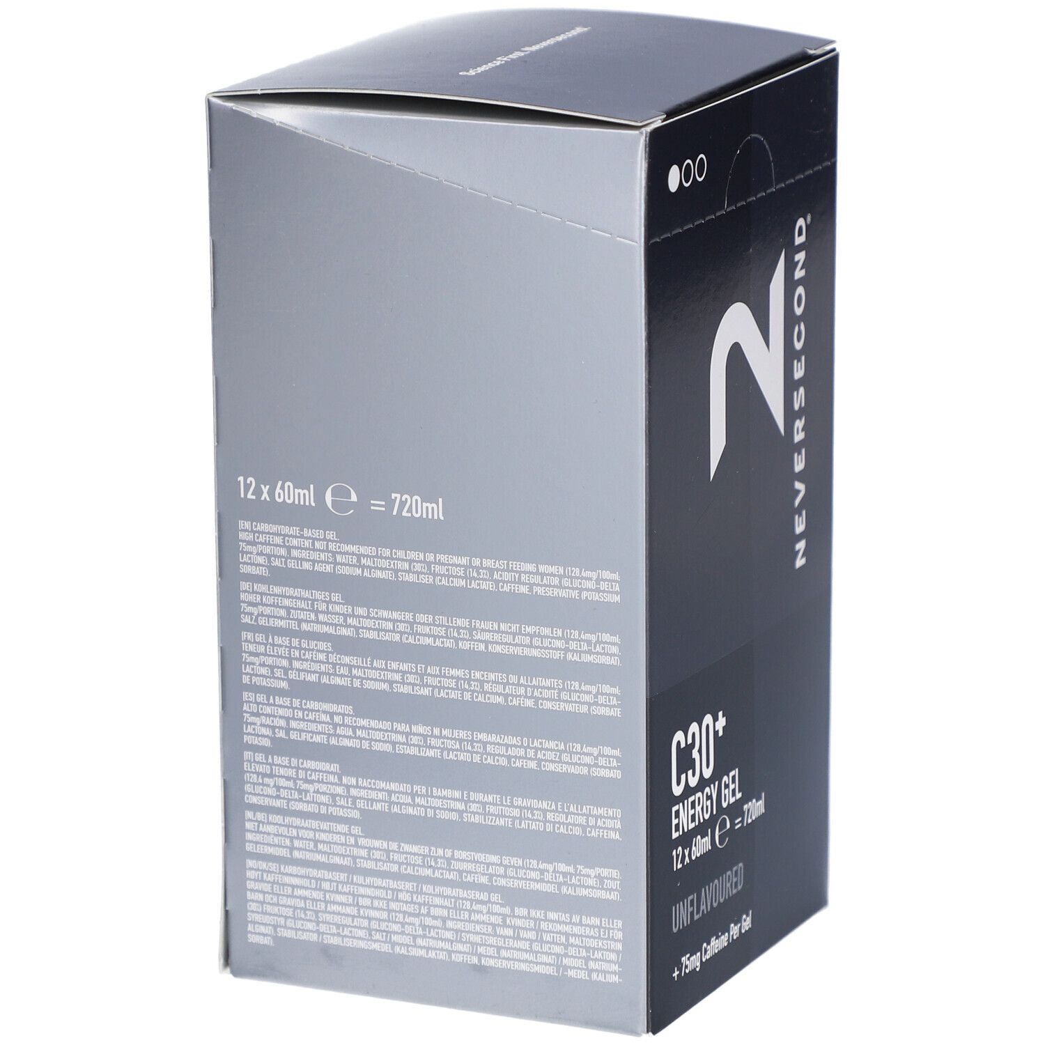 Boîte avec logo NEVERSECOND et informations produit. Contient C30+ Energy Gel, 12x60ml, sans saveur, +75mg caféine. Ingrédients au dos.