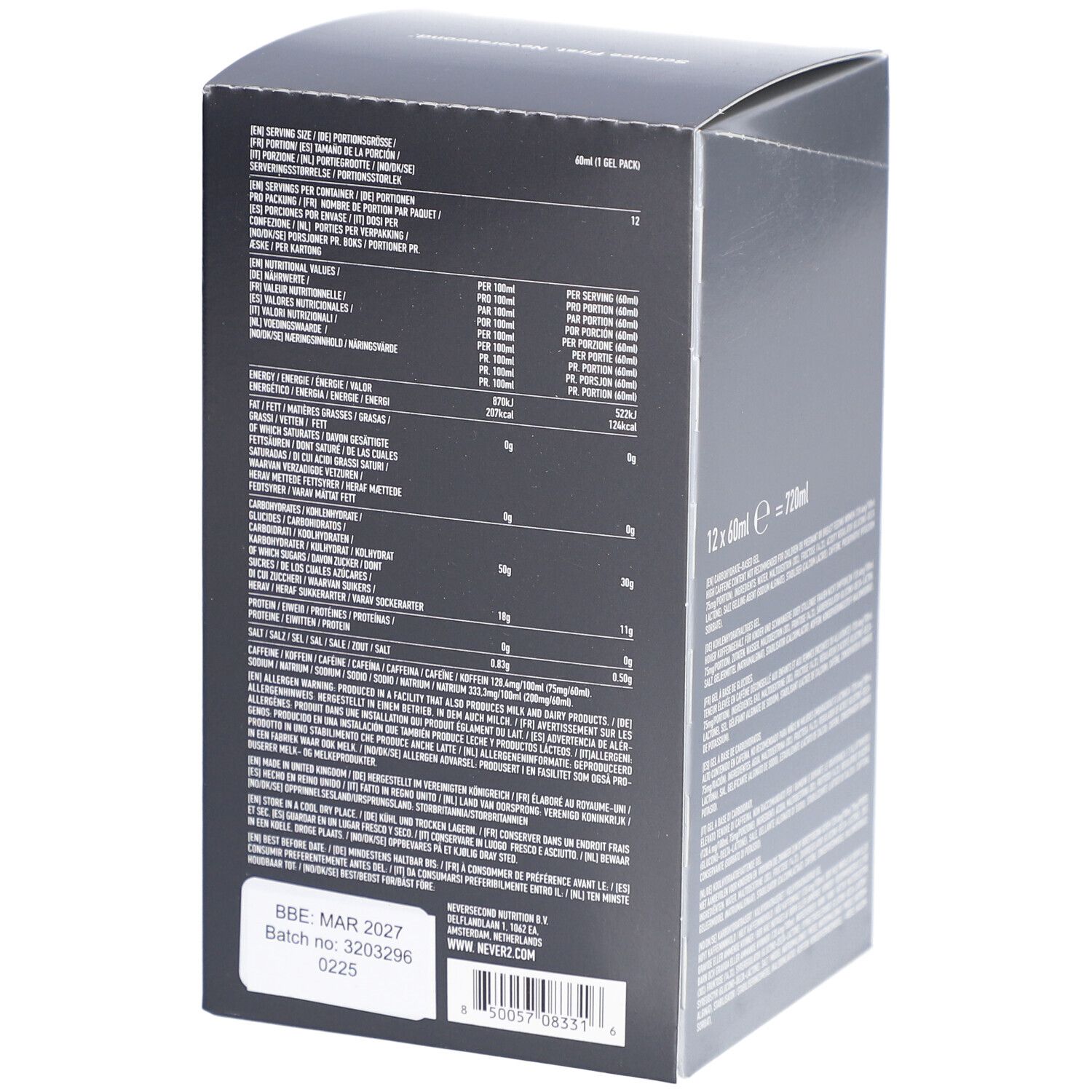 Dos de la boîte avec informations nutritionnelles et ingrédients. Contient C30+ Energy Gel, 12x60ml, sans saveur, +75mg caféine. Numéro de lot.
