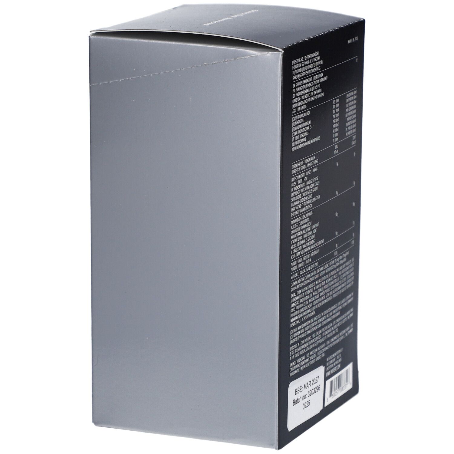 Côté gris de la boîte avec informations nutritionnelles et numéro de lot. Contient C30+ Energy Gel, 12x60ml, sans saveur, +75mg caféine.