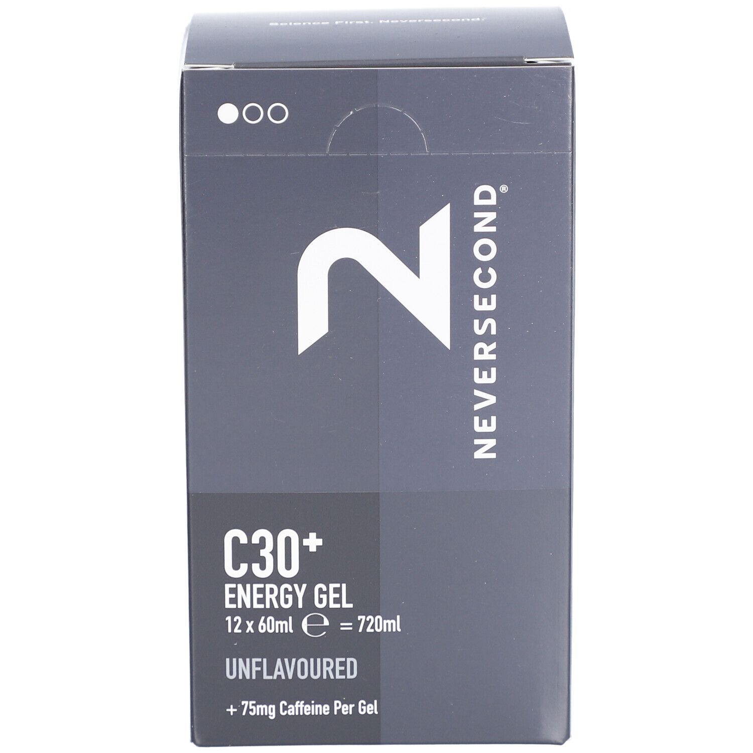 Boîte noire avec logo blanc NEVERSECOND et informations produit. Contient C30+ Energy Gel, 12x60ml, sans saveur, +75mg caféine.