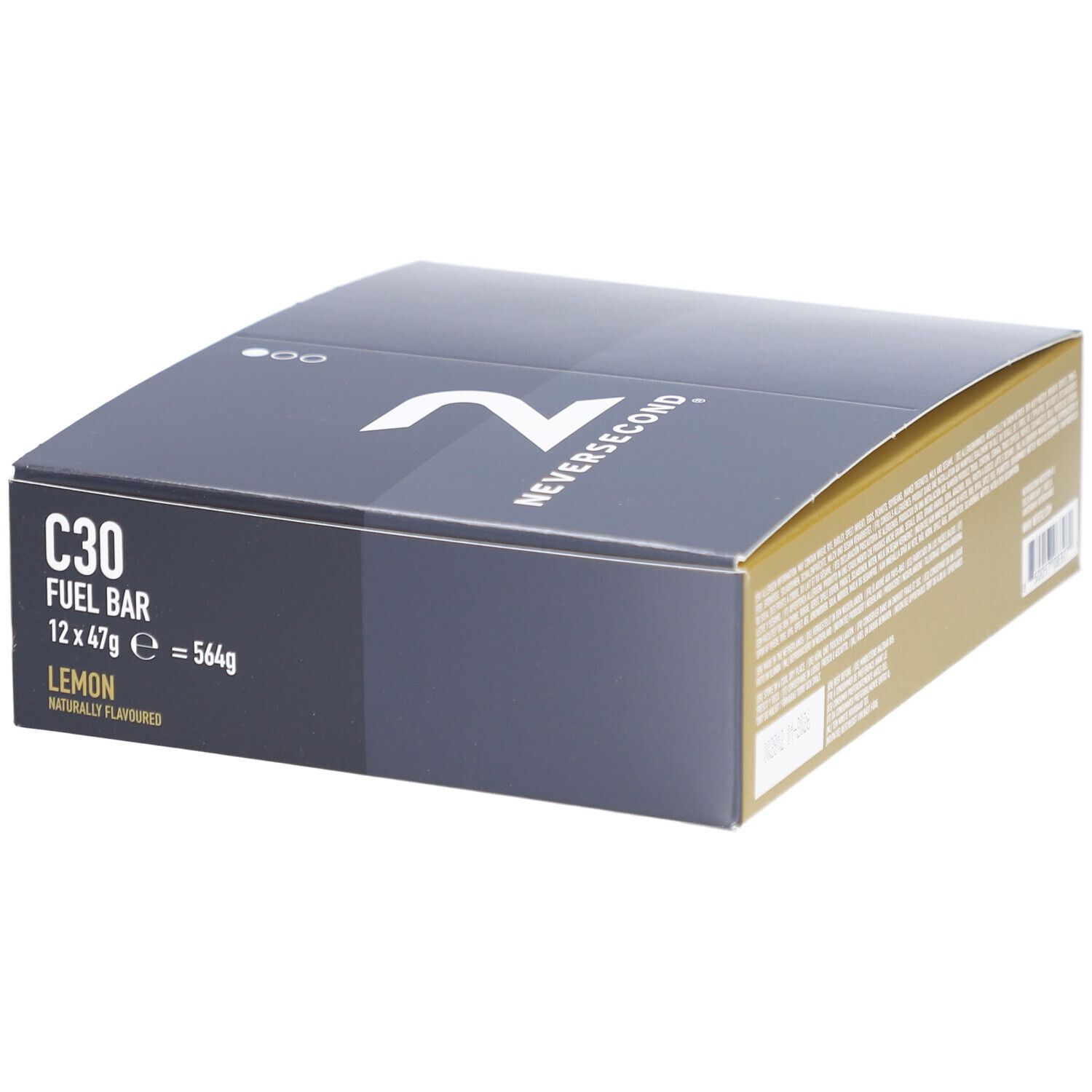 Boîte bleu foncé avec logo "Neversecond" et "C30 Fuel Bar". Contient 12 barres de 47g, citron.