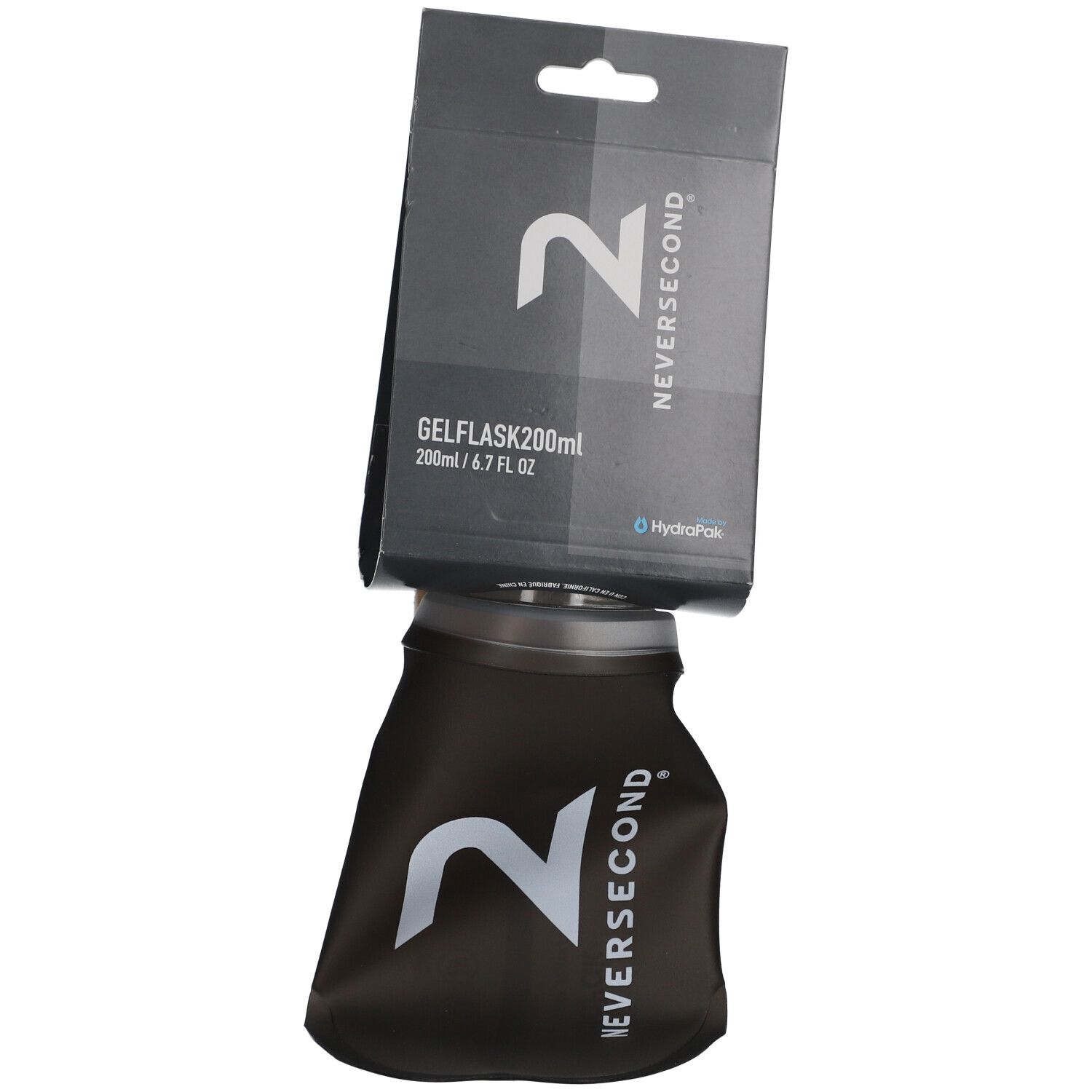 Flacon souple noir avec logo blanc. Emballage noir avec logo. Inscription: GELFLASK200.