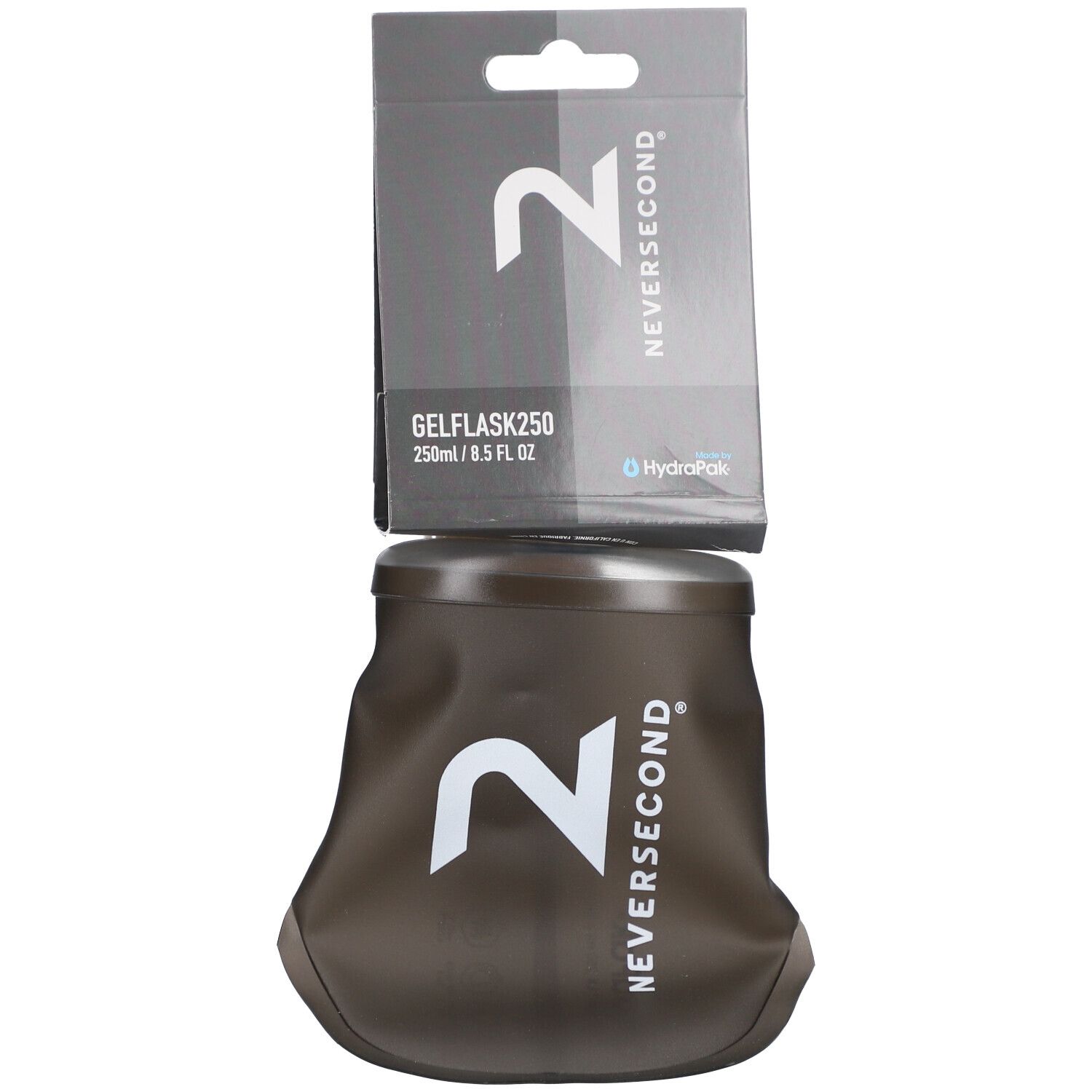 Gourde souple marron avec logo blanc et emballage. Inscription : GELFLASK250, 250ml/8.5 FL OZ. Marque : NEVERSECOND.