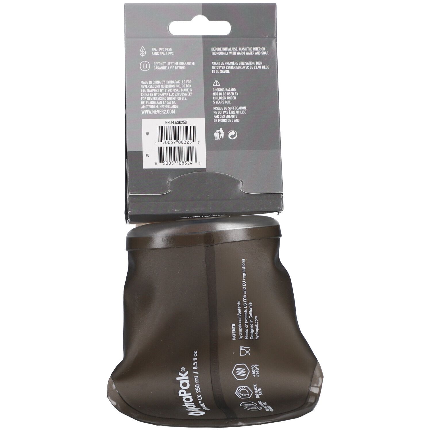 Dos d'une gourde souple marron avec emballage. Inscription : HydraPak, 250 ml/8.5 fl oz. Divers symboles.
