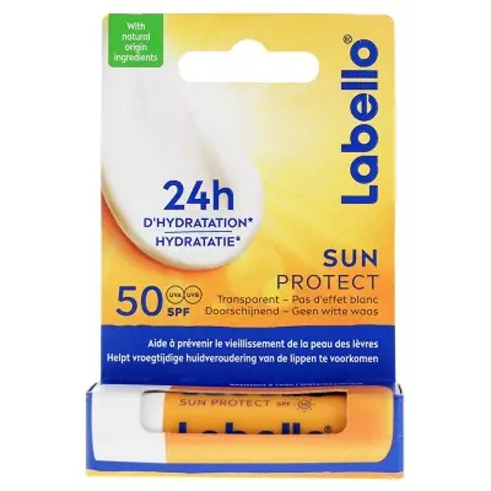 Stick Labello Sun Protect SPF50 dans son emballage. Design jaune et blanc avec informations et logo.