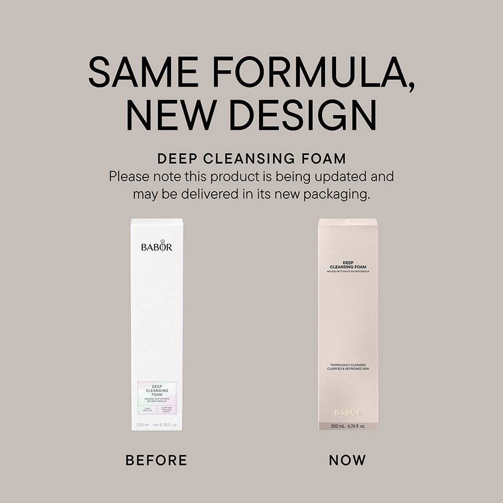 Babor Deep Cleansing Foam flacon pompe, dos avec informations produit multilingues et indication 200 ml.