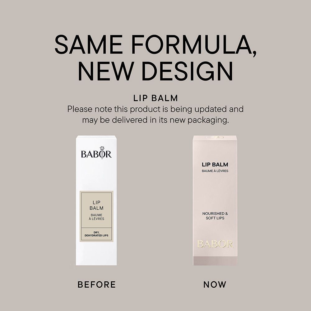 Comparaison de deux emballages de baume à lèvres. Gauche: ancien, droite: nouveau. Texte: LIP BALM, BABOR.