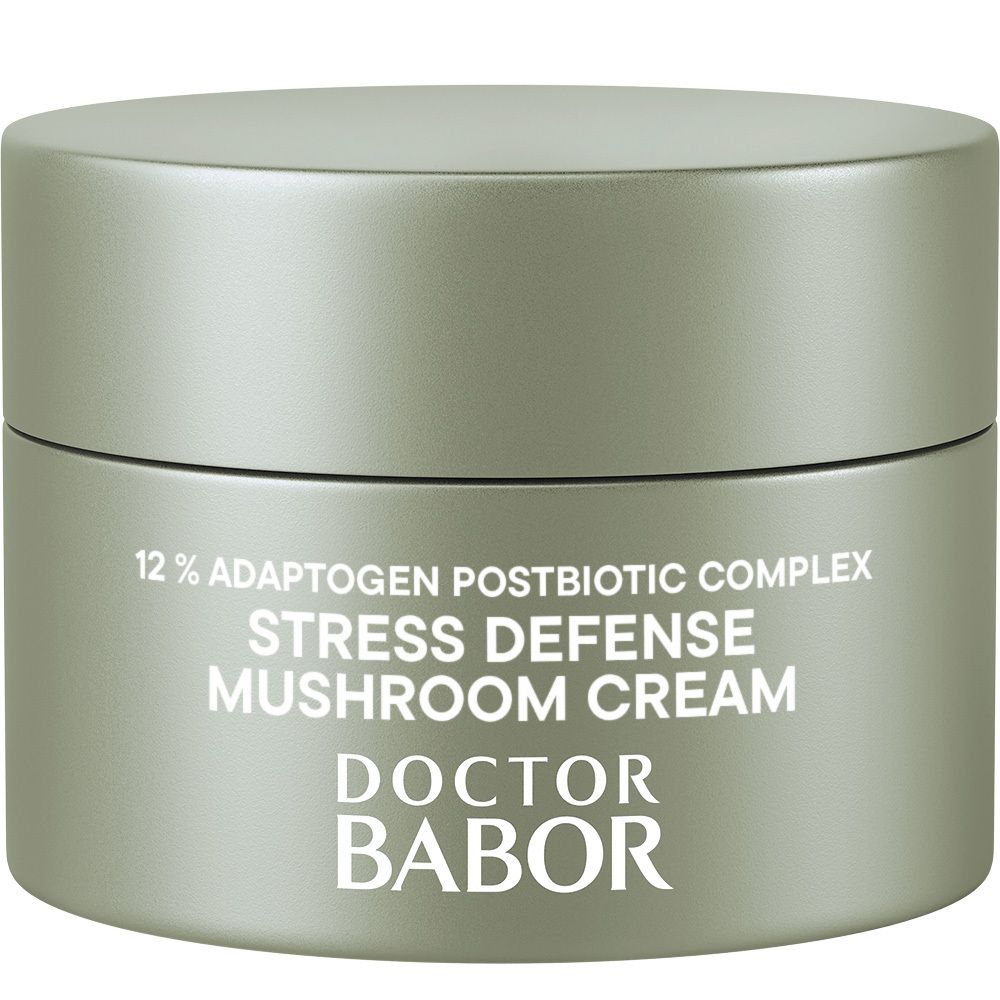 Pot de crème gris. Inscription : 12% Adaptogen Postbiotic Complex, Stress Defense Mushroom Cream, DOCTOR BABOR.