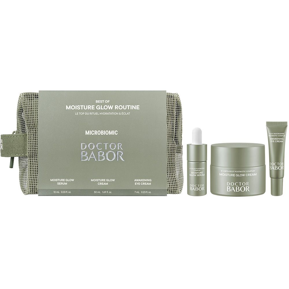 Ensemble de produits cosmétiques, dont sérum, crème et crème pour les yeux, dans une trousse verte. Marque : DOCTOR BABOR.