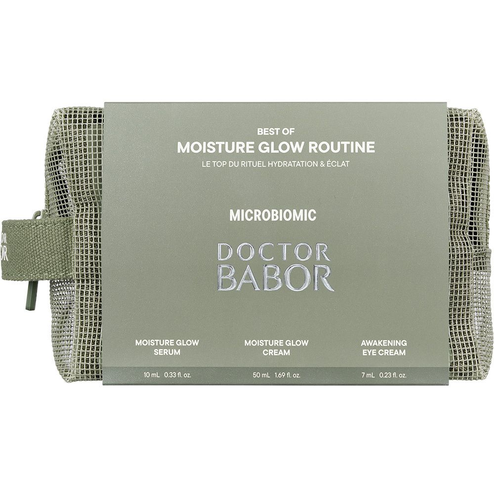 Trousse de toilette verte avec sérum, crème et crème yeux. Inscription : DOCTOR BABOR.