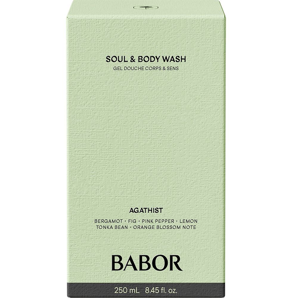 Boîte vert clair. Inscription: Soul & Body Wash, Agathist, Babor. 250 ml.