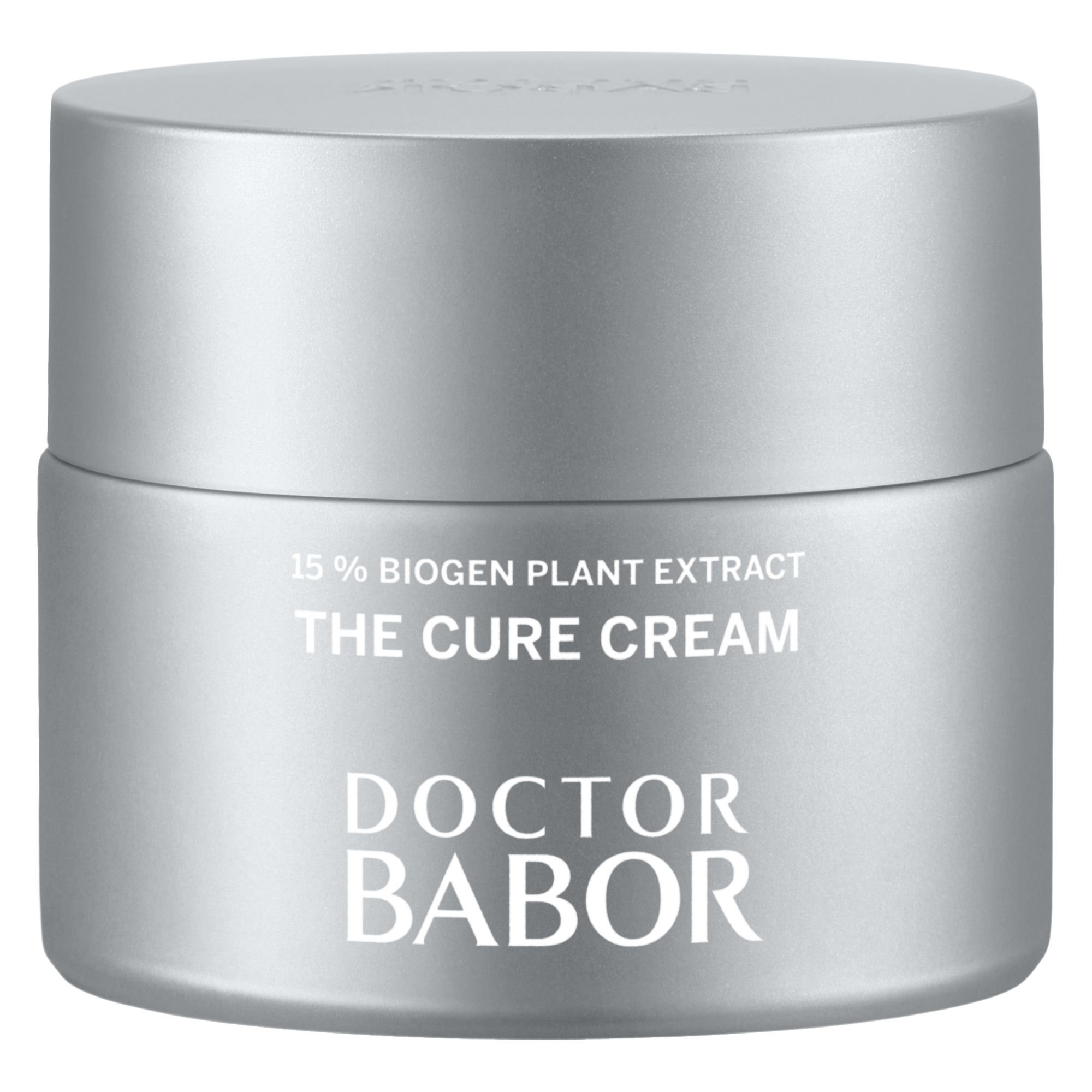 Pot de crème gris avec couvercle. Inscription : 15% Biogen Plant Extract, The Cure Cream, Doctor Babor.