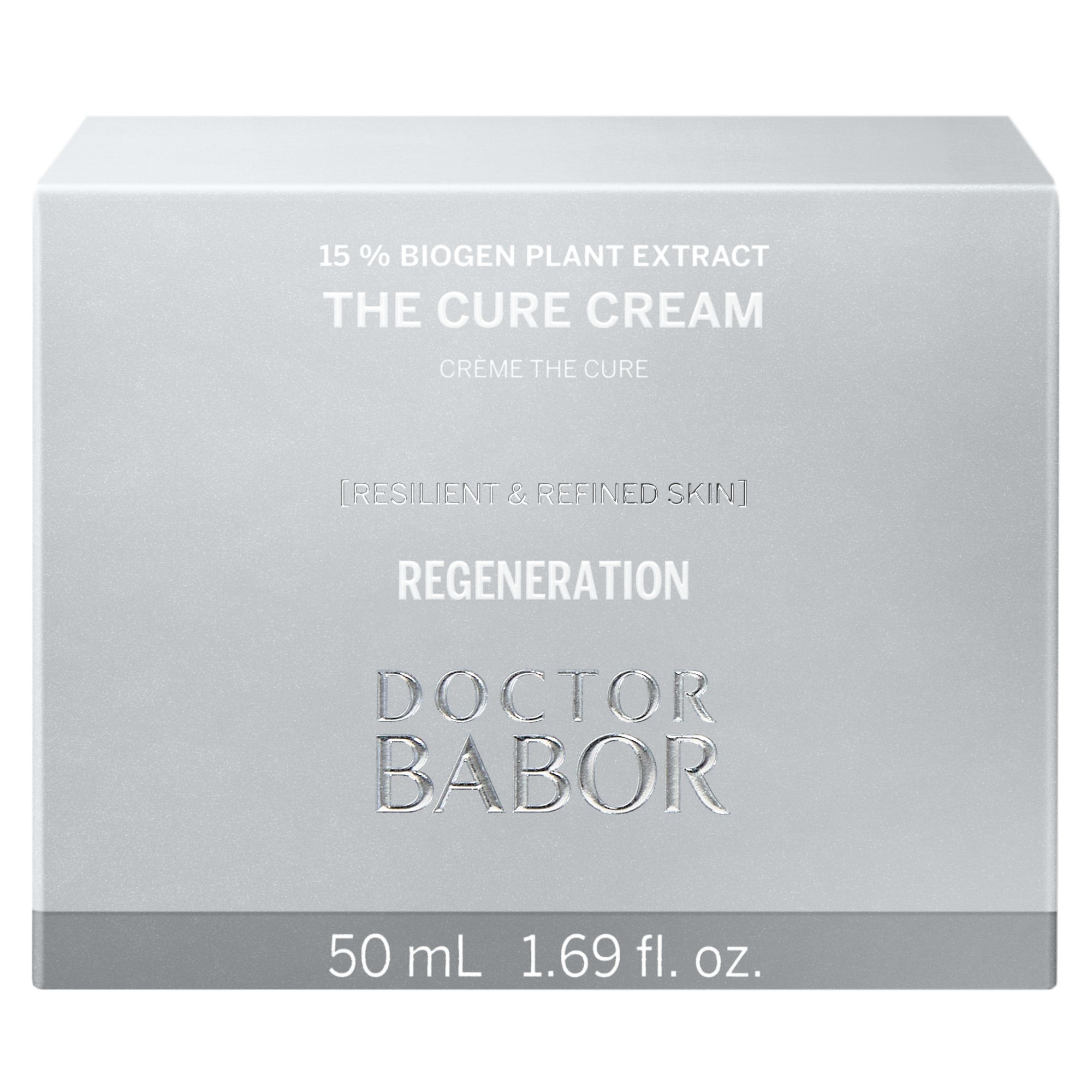 Boîte grise. Inscription : 15% Biogen Plant Extract, The Cure Cream, Doctor Babor, 50 ml.