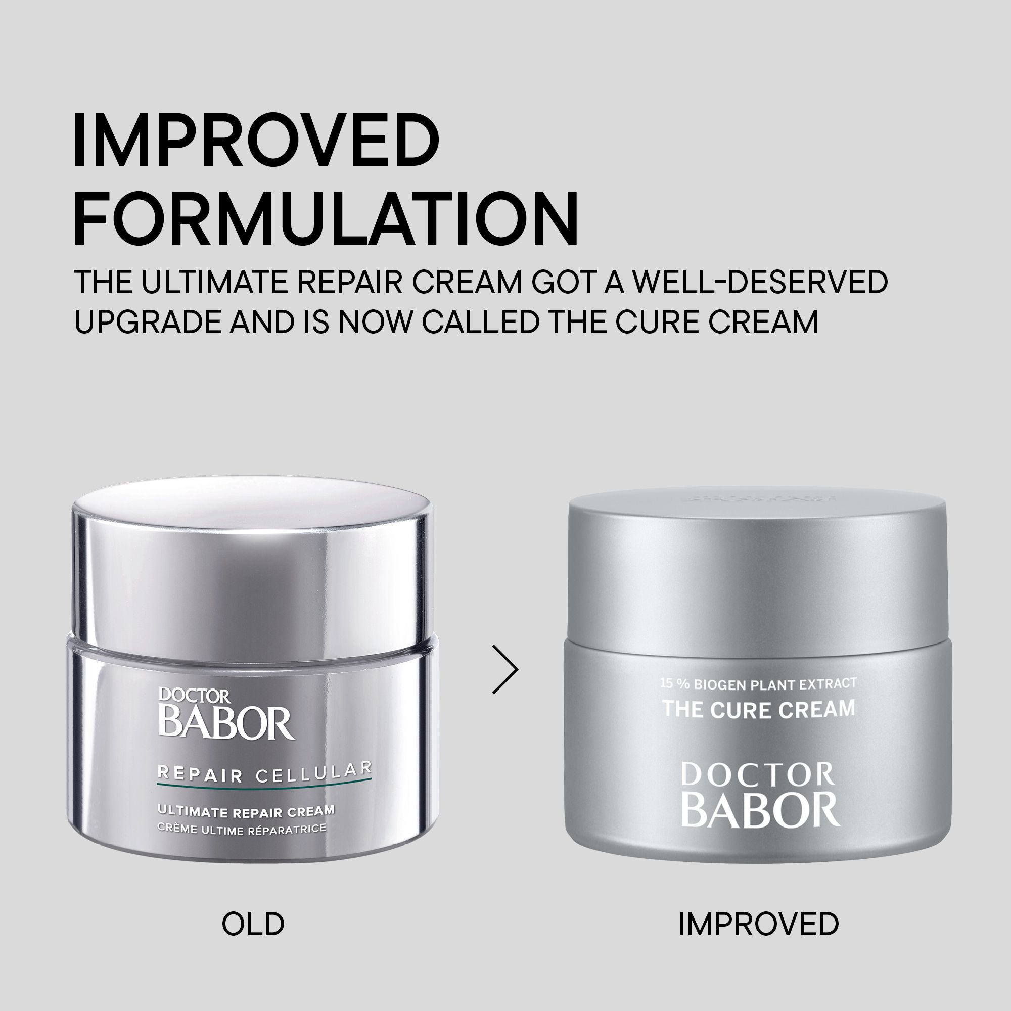 Comparaison de deux pots de crème. Gauche : Repair Cellular. Droite : The Cure Cream.
