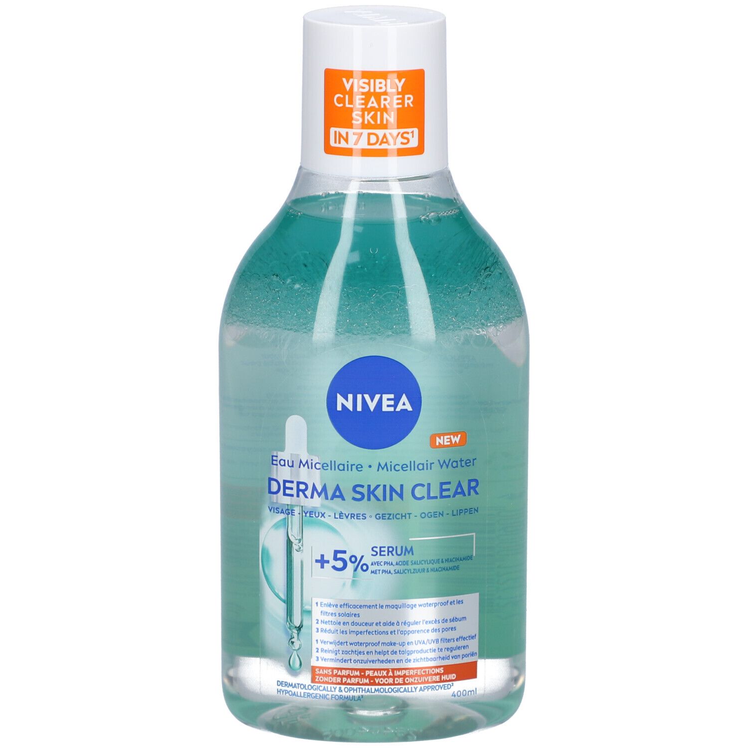 Flacon transparent Nivea Derma Skin Clear. Liquide bleu clair. Bouchon blanc. Inscriptions visibles.