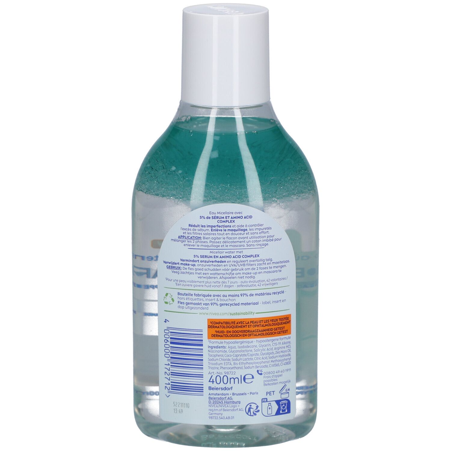 Dos du flacon Nivea Derma Skin Clear. Flacon transparent. Liquide bleu clair. Bouchon blanc. Texte.