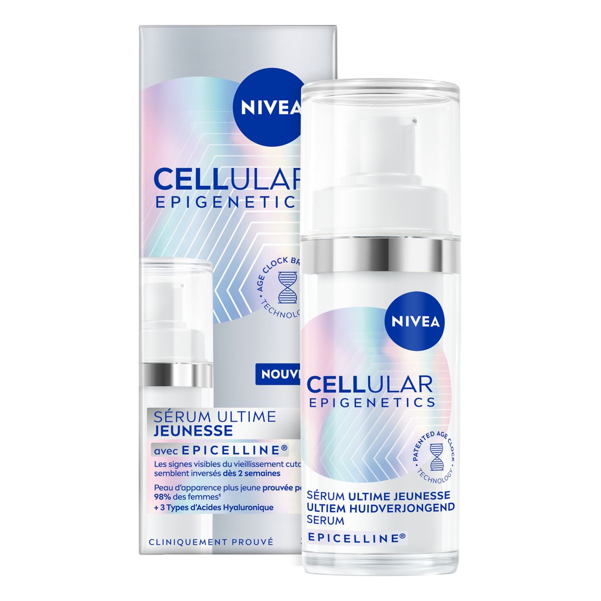 Emballage du produit avec sérum et boîte. Inscription: Nivea Cellular Epigenetics. Avec boîte.