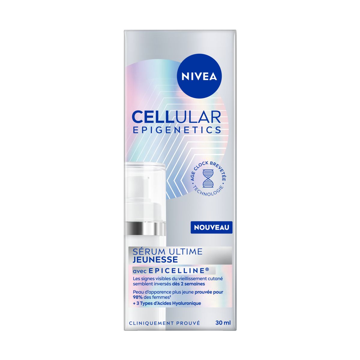 Emballage du produit avec sérum et boîte. Inscription: Nivea Cellular Epigenetics. Avec boîte.