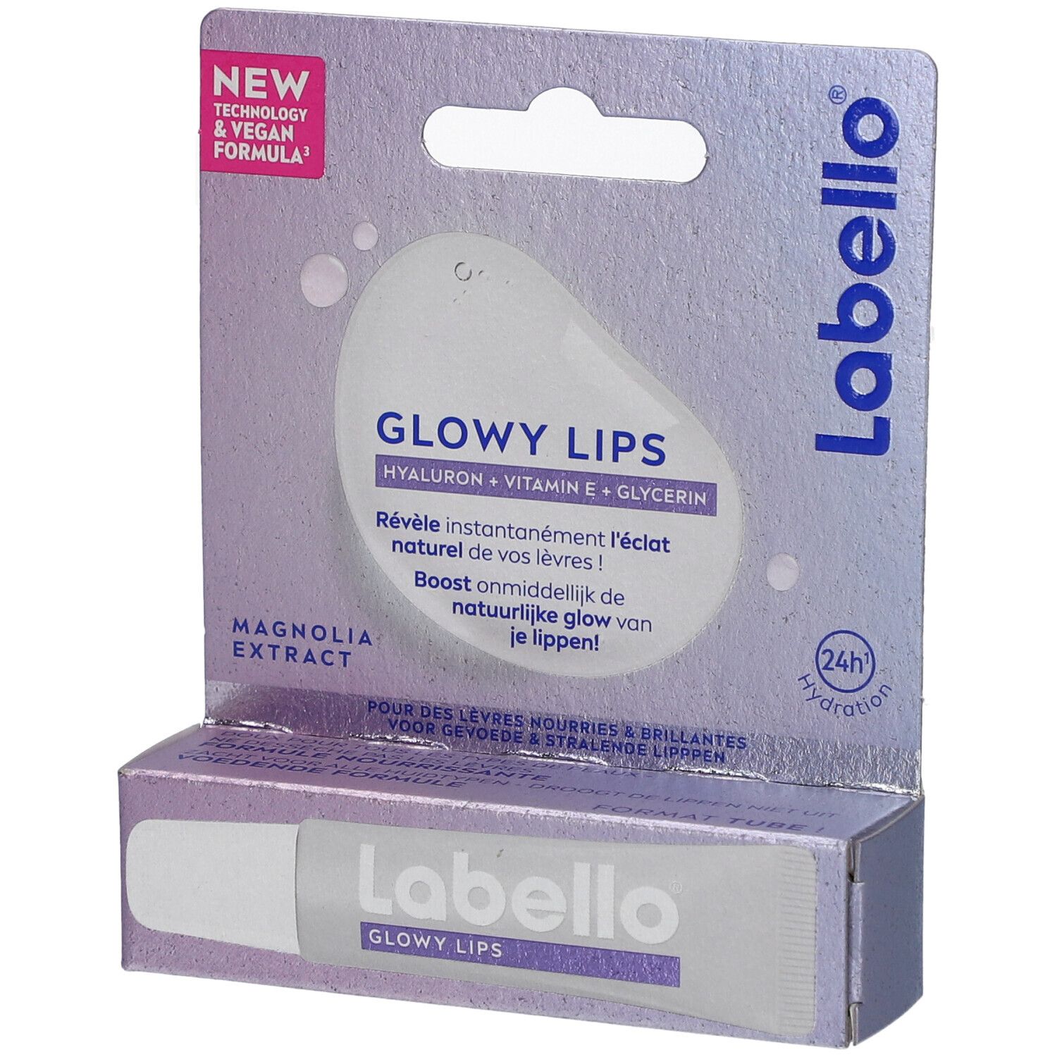 Labello Glowy Lips, soin des lèvres, emballage. Contient hyaluron, vitamine E et glycérine. Formule végane.