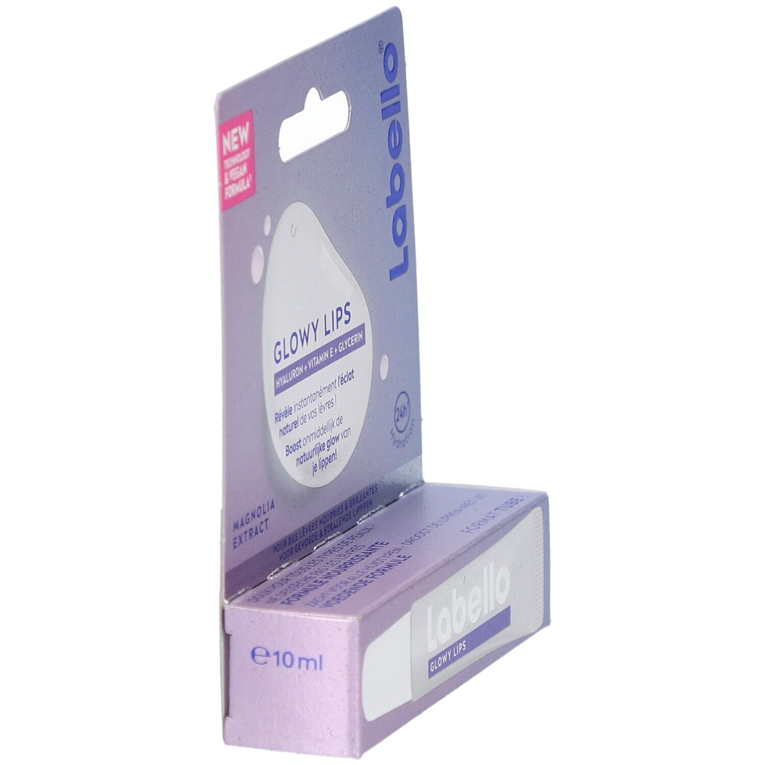 Labello Glowy Lips, soin des lèvres, emballage. Vue en coin. Contient hyaluron, vitamine E et glycérine. Végan.