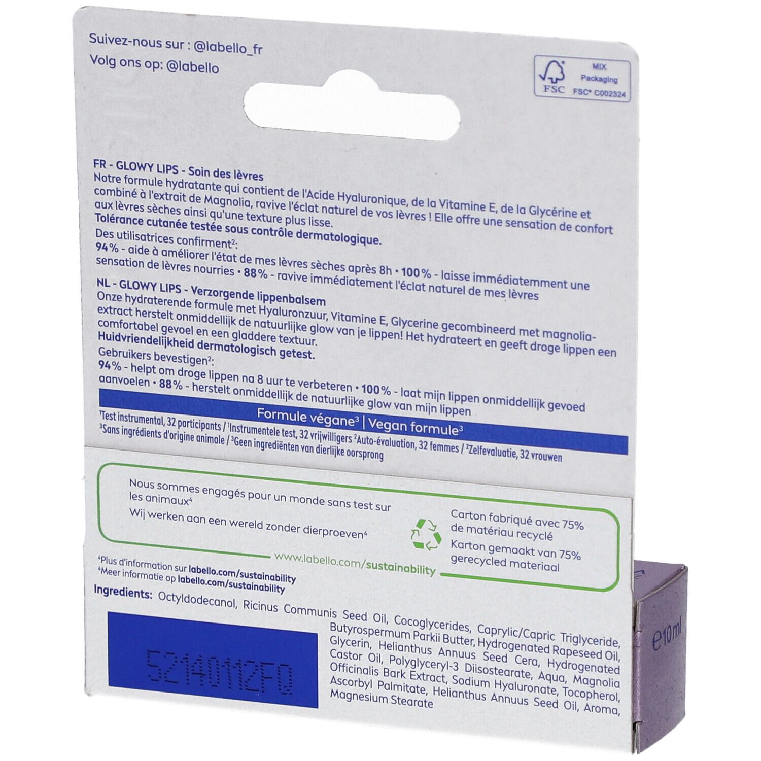 Dos de l'emballage Labello Glowy Lips. Contient des informations sur les ingrédients et la durabilité.