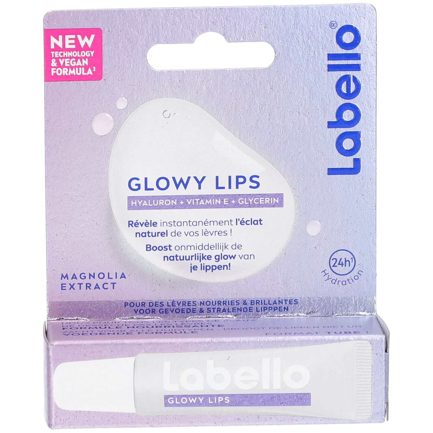 Labello Glowy Lips, soin des lèvres, emballage. Contient hyaluron, vitamine E et glycérine. Formule végane.