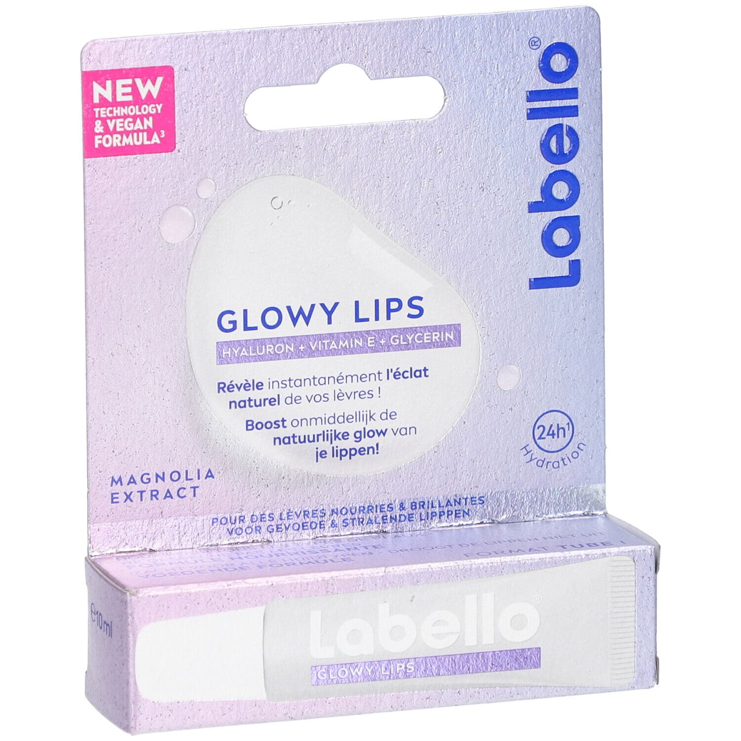 Labello Glowy Lips, soin des lèvres, emballage. Contient hyaluron, vitamine E et glycérine. Formule végane.