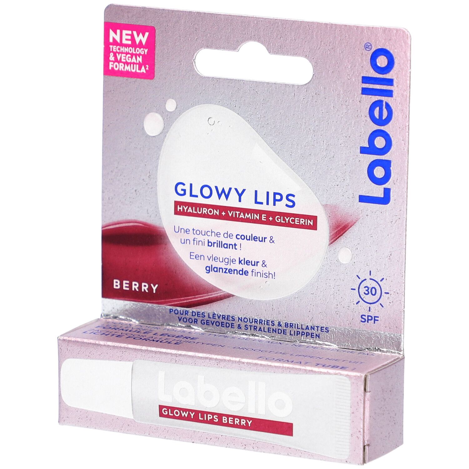 Labello Glowy Lips Berry, emballage. Tube et carton avec informations produit. SPF 30.