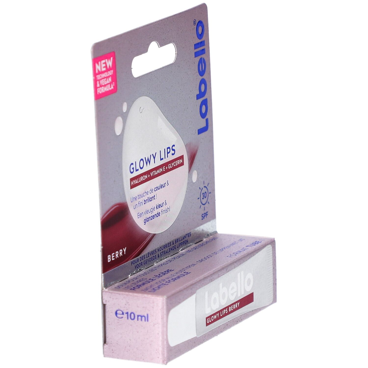 Labello Glowy Lips Berry en emballage. Carton avec informations produit. E10ml.
