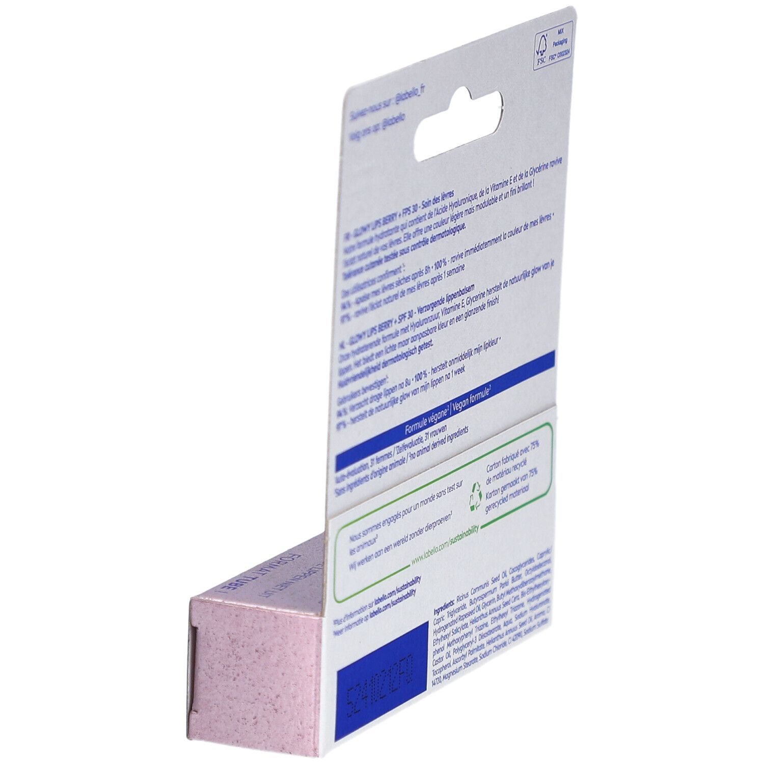 Dos de l'emballage Labello Glowy Lips Berry. Informations textuelles, logo de recyclage.