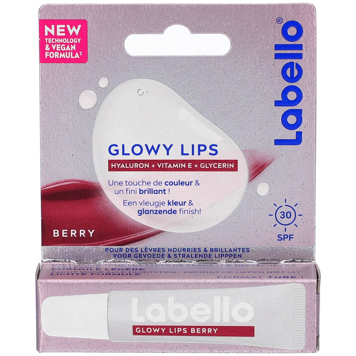 Labello Glowy Lips Berry, emballage. Tube et carton avec informations produit. SPF 30.