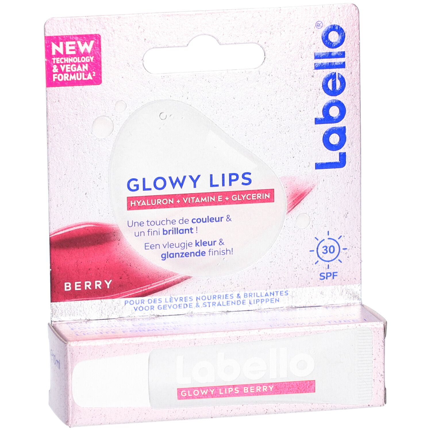 Labello Glowy Lips Berry, emballage. Tube et carton avec informations produit. SPF 30.