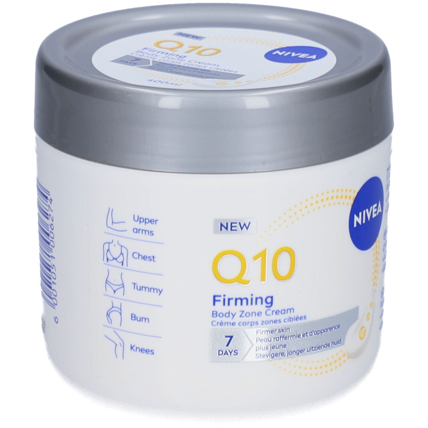 Pot blanc avec couvercle argenté. Inscription : NIVEA Q10 Firming Body Zone Cream. Illustrations des zones corporelles.