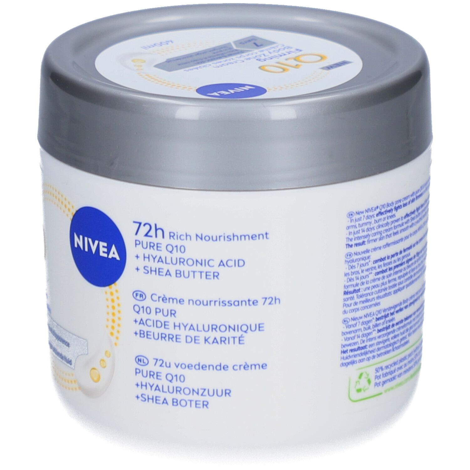 Pot blanc avec couvercle argenté. Inscription : NIVEA, 72h Rich Nourishment. Informations supplémentaires.