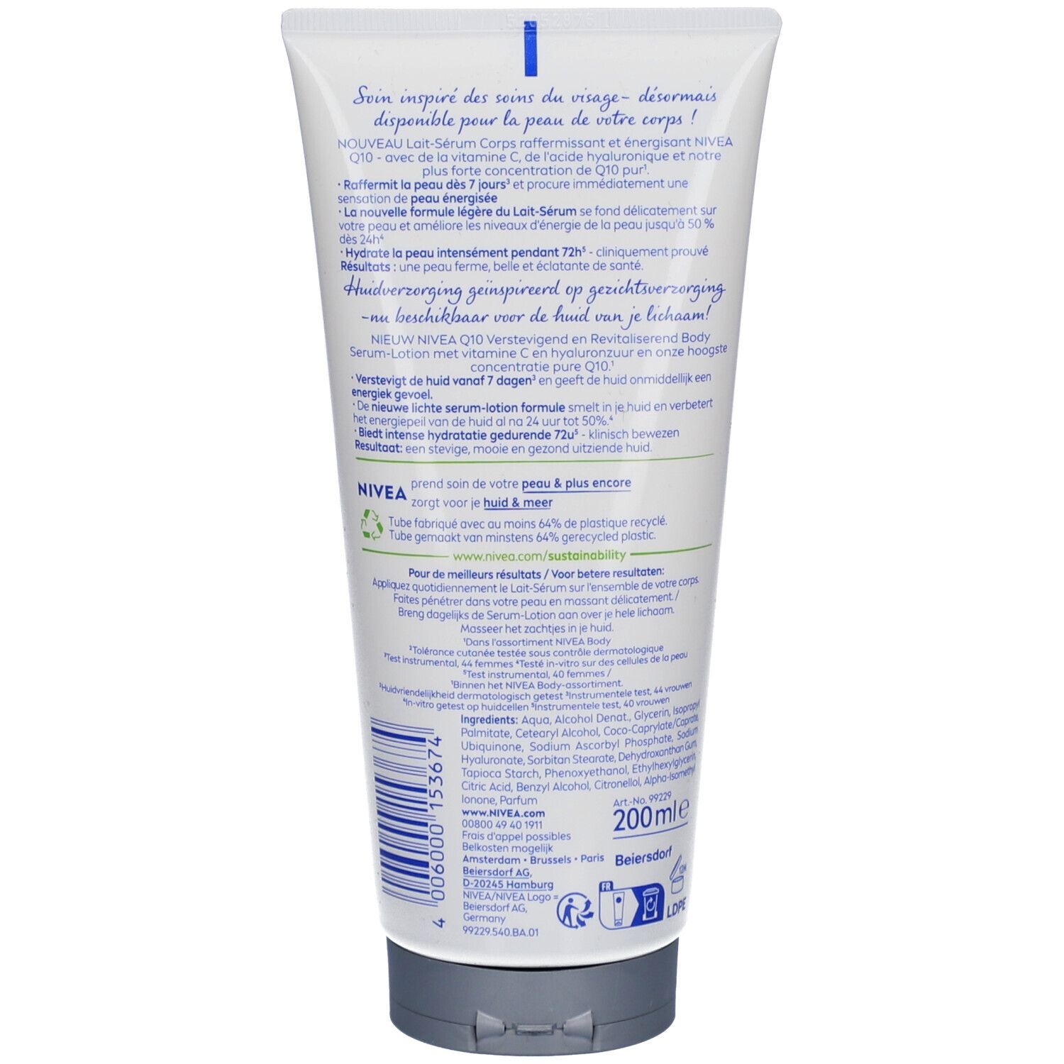 Dos du tube Nivea Q10 Firming + Energizing. Texte et ingrédients. Éléments bleus et verts. 200ml.