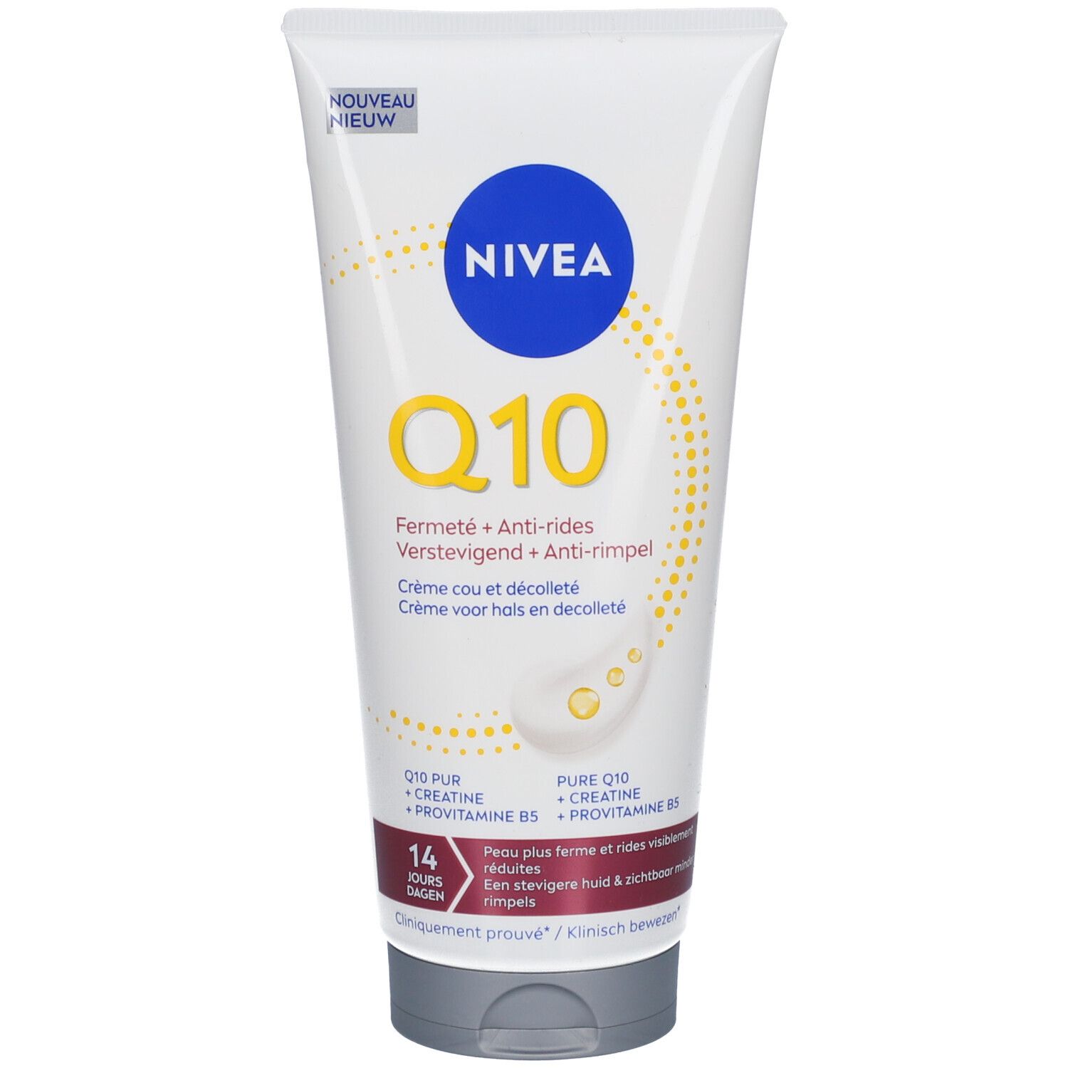 Tube blanc avec bouchon bleu. Cercle bleu avec "NIVEA". "Q10" et informations produit multilingues.