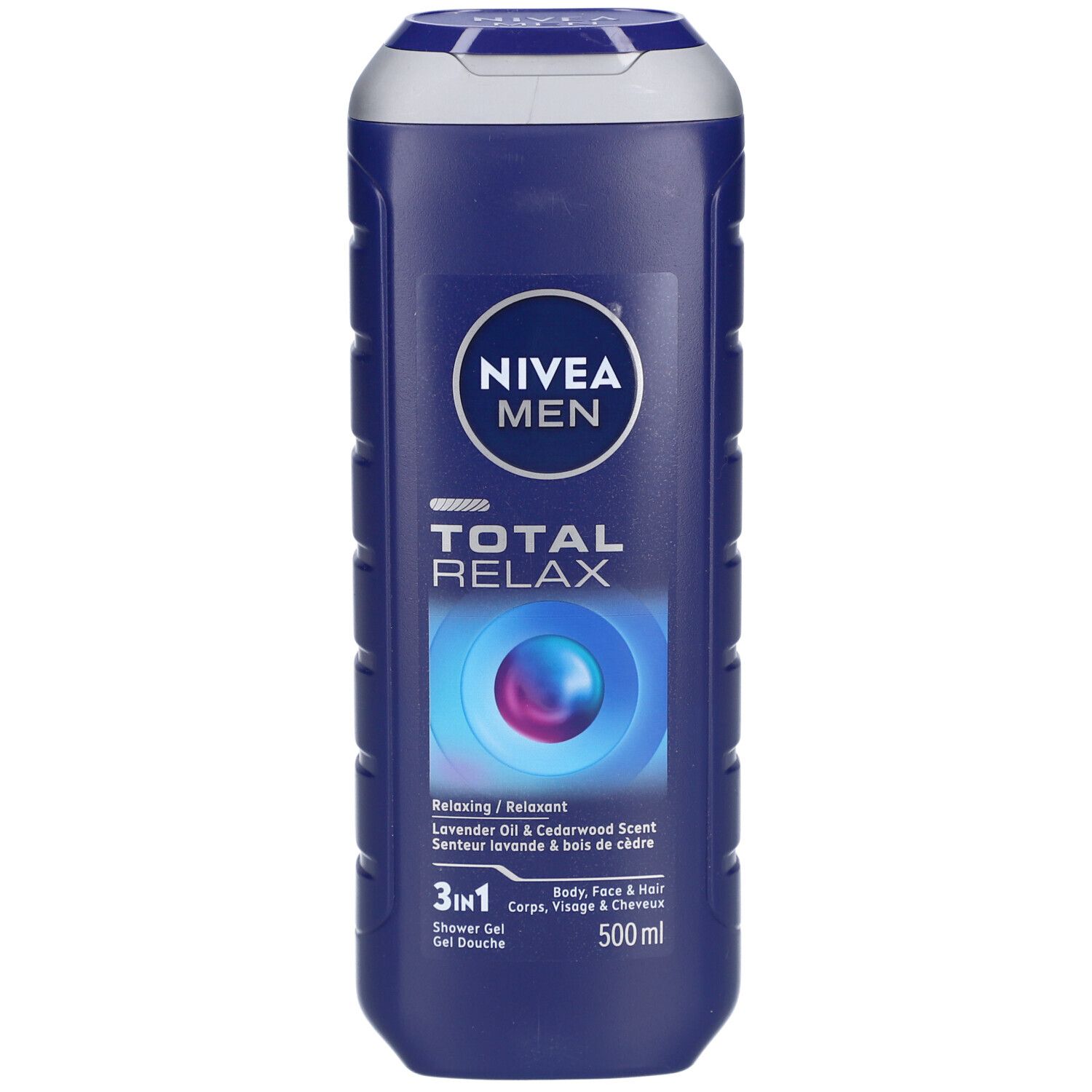 Flacon bleu foncé Nivea Men Total Relax Gel Douche. Bouchon blanc, bord argenté. Logo et nom du produit sur le devant.