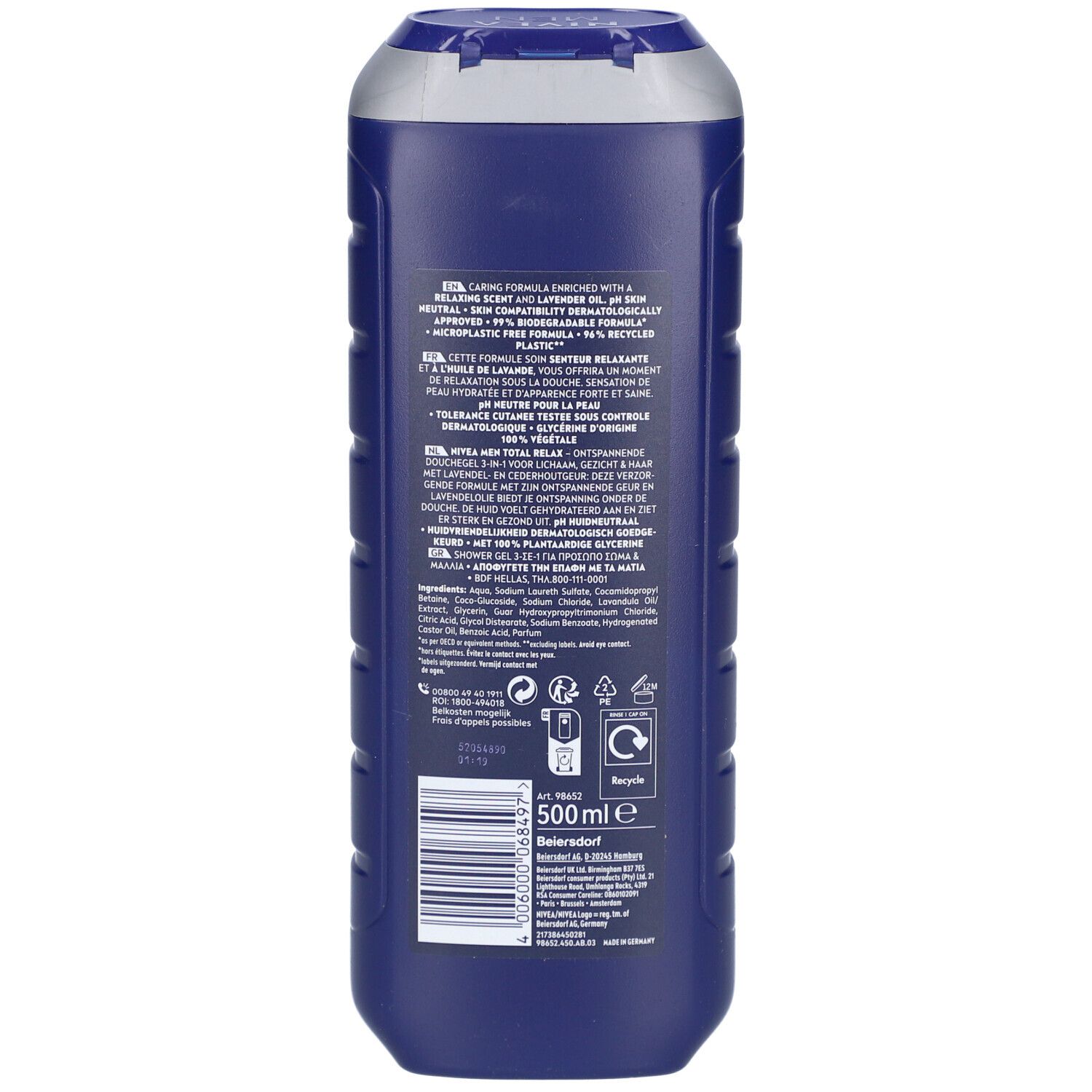 Dos du flacon Nivea Men Total Relax Gel Douche. Texte, ingrédients, symbole de recyclage et code-barres.