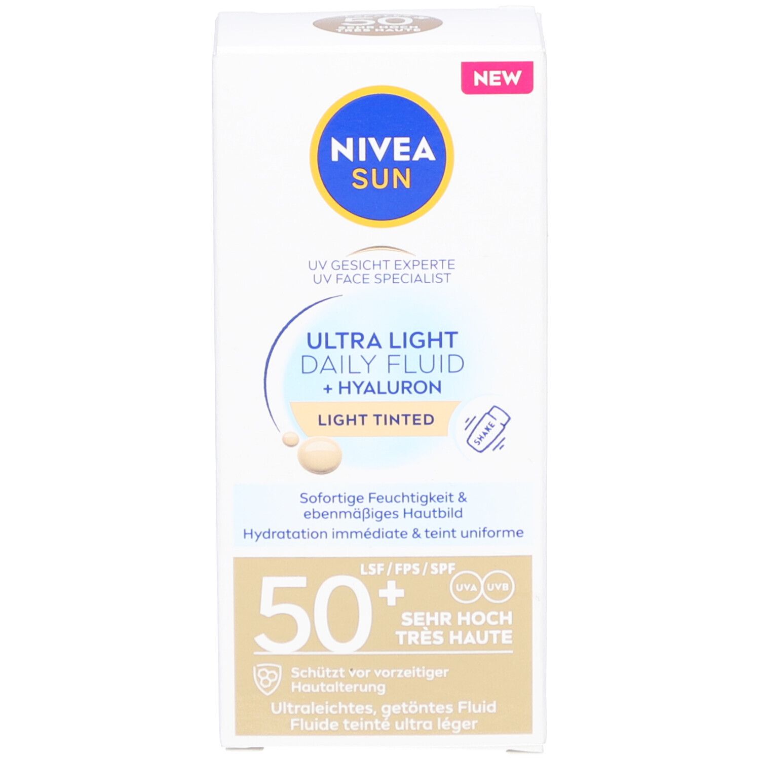Emballage du produit. Inscription : NIVEA SUN, Ultra Light Daily Fluid + Hyaluron, Light Tinted. SPF 50+. Étiquette Nouveau.