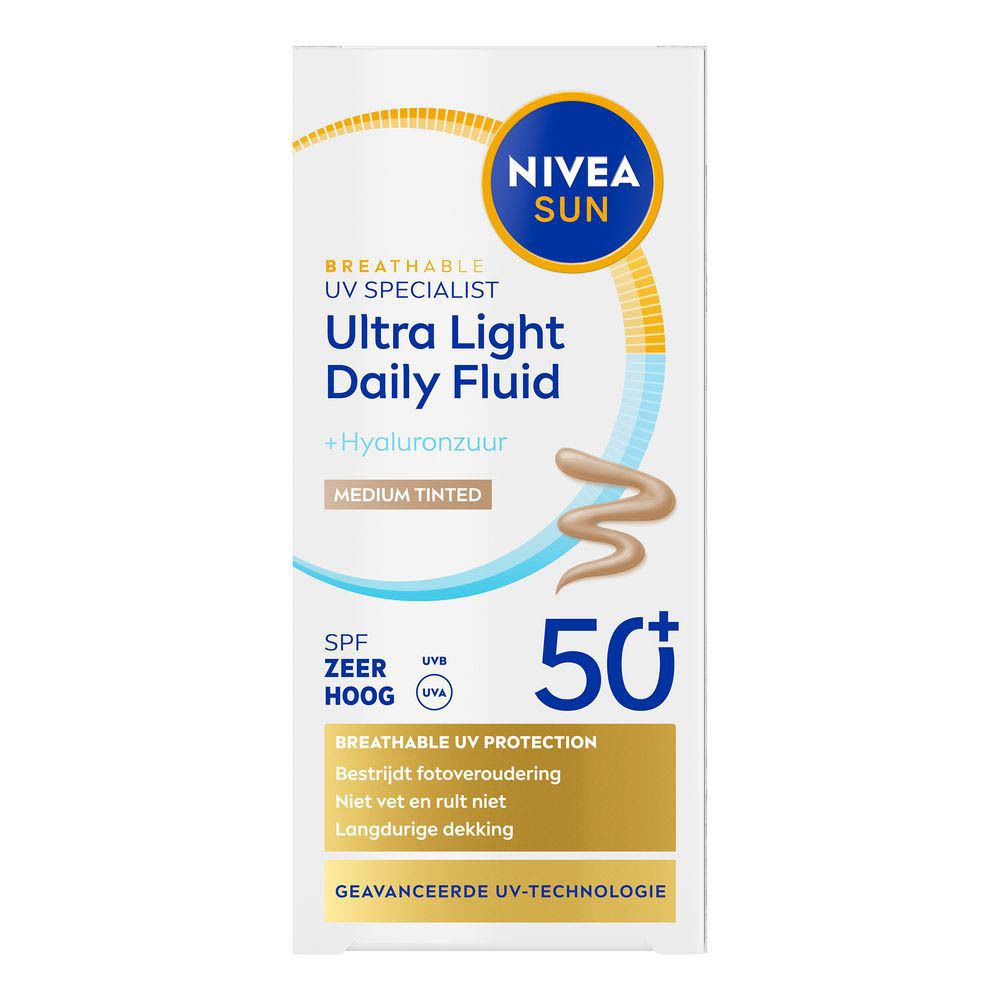 Nivea Sun Ultra Light Daily Fluid + Hyaluron, Medium Tinted. Emballage. SPF 50+.