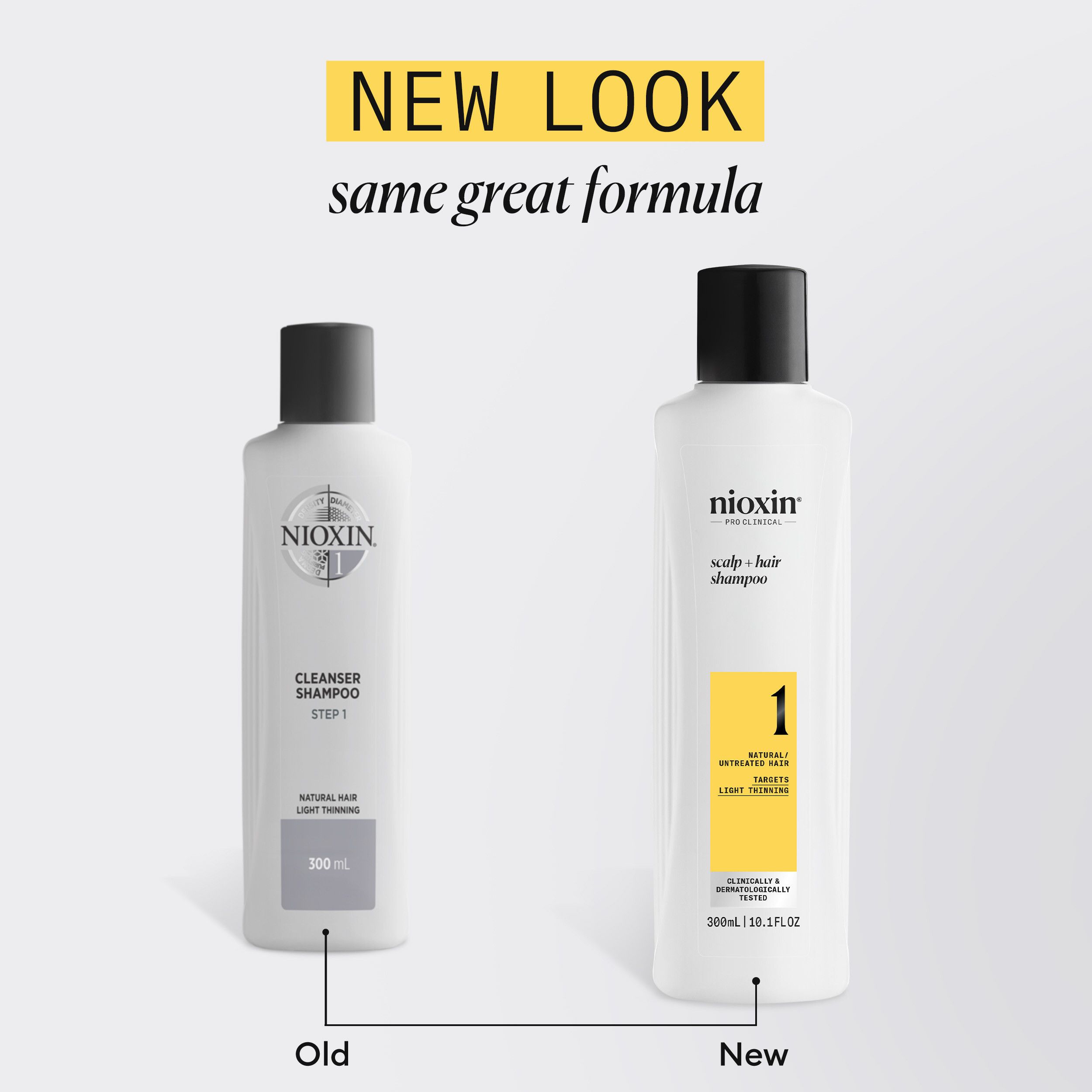 Comparaison: ancien et nouveau flacon. Blancs avec bouchon noir. Inscriptions: Nioxin, Shampooing. 300ml.