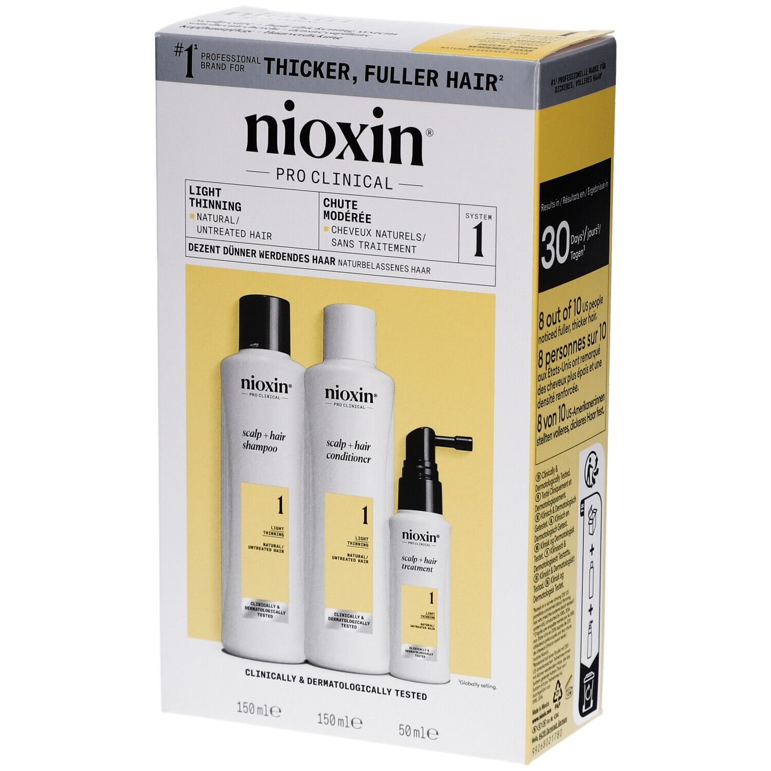 Kit Nioxin Pro Clinical System 1. Contient shampooing, après-shampoing et traitement. Emballage avec accents jaunes.