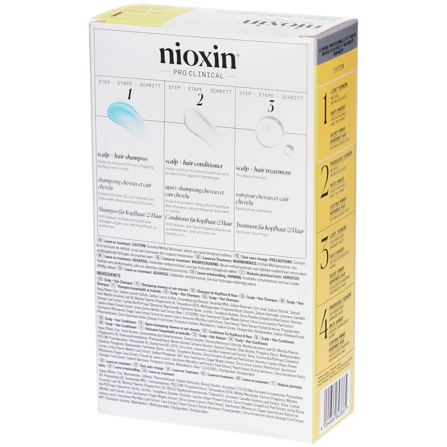 Kit Nioxin Pro Clinical System 1. Arrière de l'emballage avec instructions et ingrédients.